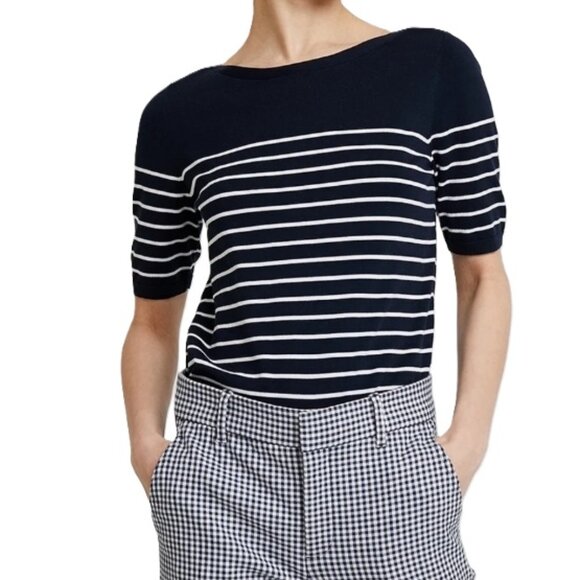 NEW, Banana Republic Boat Neck Navy Mariner Stripe Stretch Cotton Knit Sweater - Picture 2 of 16